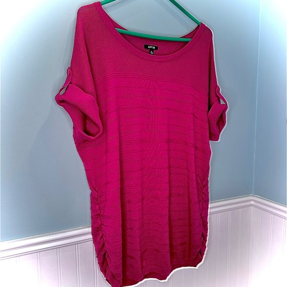 Apt. 9 Size 1X Pullover Short Sleeve Roll Tab Side Ruching Fuschia Comfort - Picture 2 of 15